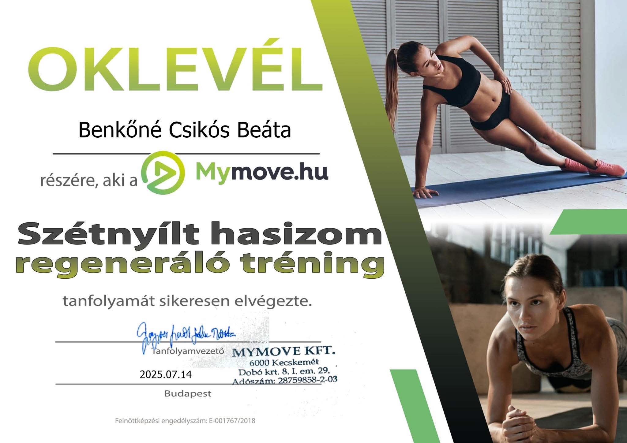 Szétnyílt hasizom regeneráló tréning oklevél